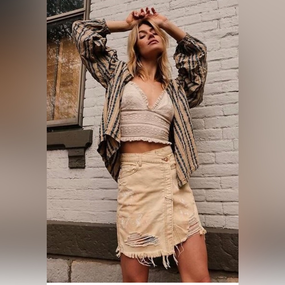 27 S Free People Parker Wrap Skirt Denim Jean Distressed Frayed Butter Cream New